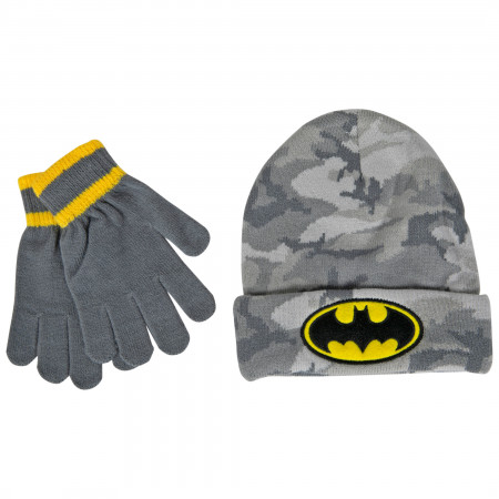 Batman Logo Camo Youth Beanie and Glove Set